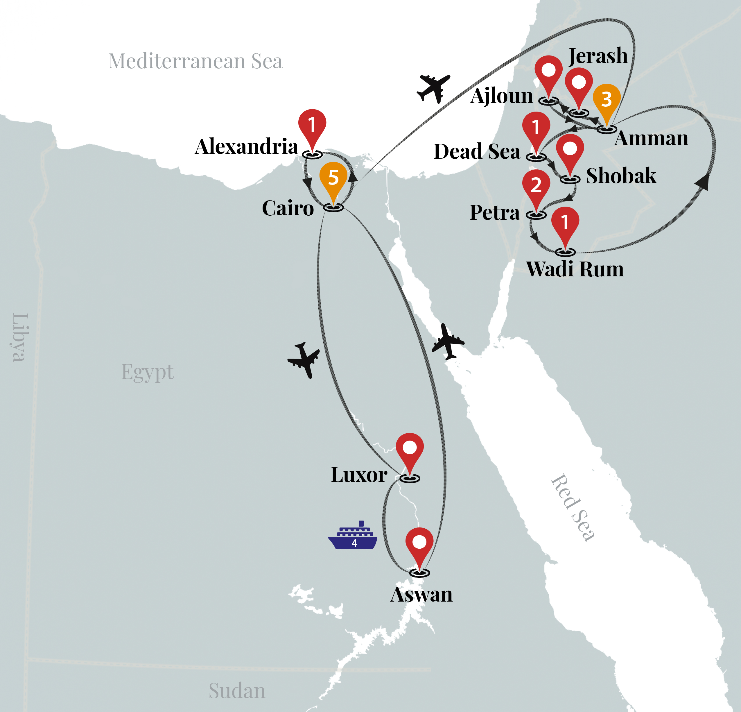 tourhub | Ciconia Exclusive Journeys | Highlights of Egypt & Jordan Luxury Tour | Tour Map
