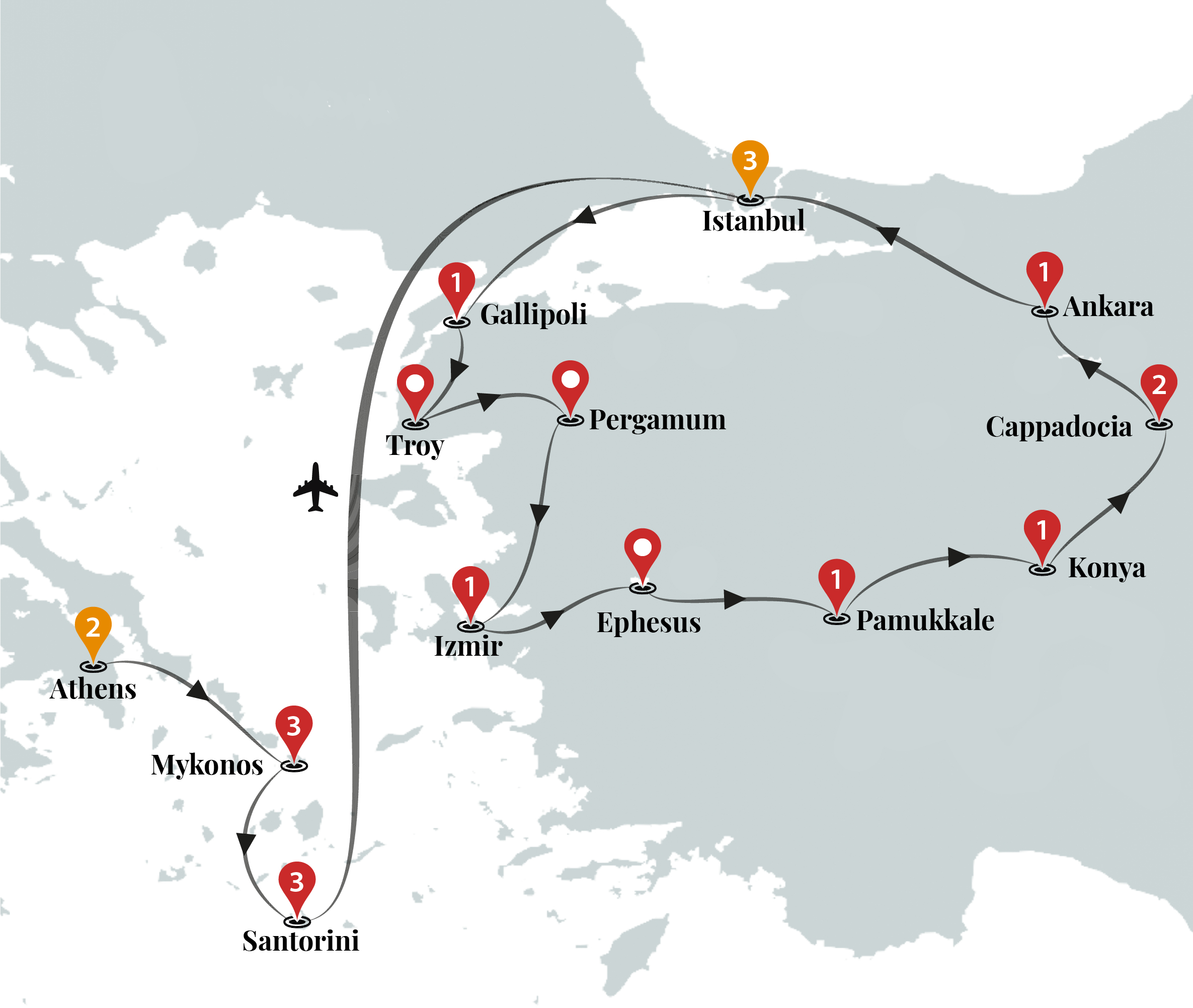 tourhub | Ciconia Exclusive Journeys | Wonders of Greek Islands & Turkey Luxury Tour | Tour Map